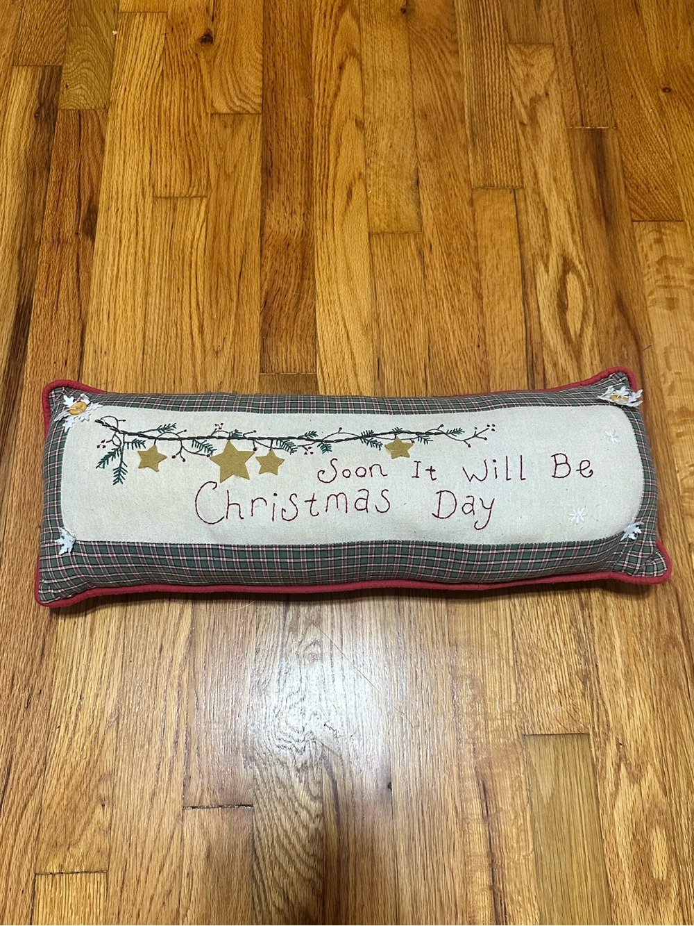 Handmade Holiday Lumbar Pillow - 'Soon It Will Be Christmas Day' in Red/Cream